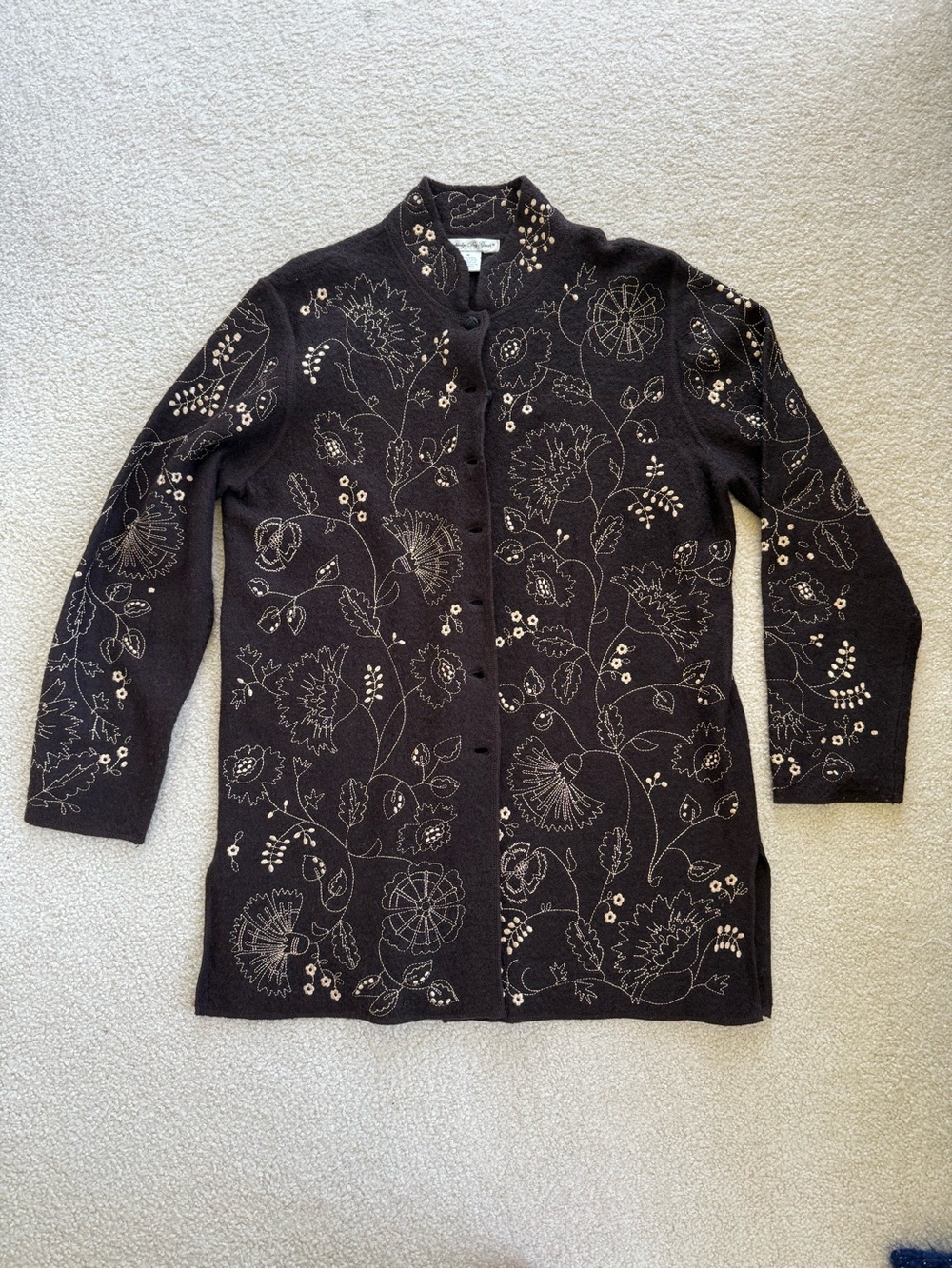 Cambridge Dry Goods Brown Floral Embroidered Long Jacket/Cardigan